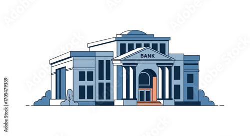 Classic Bank Building Facade with Columns and Pediment.