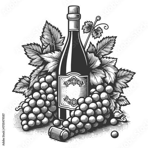wine bottle surrounded by grape clusters and vine leaves, symbolizing winemaking, vineyards, and tradition sketch engraving generative ai vector illustration. Scratch board. Black and white image.