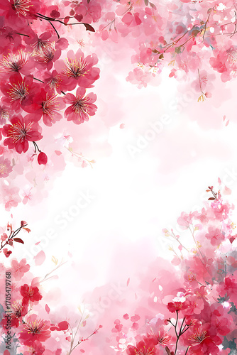 Cute simple cartoon-style watercolor blank page with pink cherry blossoms on the right side, light beige background, pastel colors, minimalistic flat vector design, clean lines, high-resolution