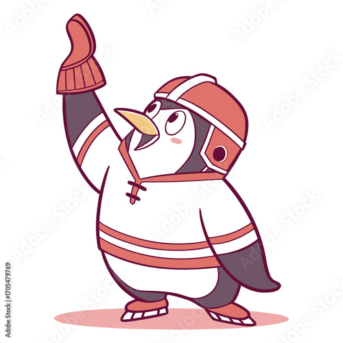 Happy Penguin Hockey Player in Helmet - Cute Cartoon Animal Illustration