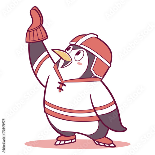 Happy Penguin Hockey Player in Helmet - Cute Cartoon Animal Illustration