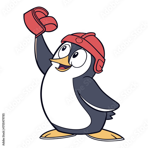 Happy Penguin Hockey Player in Helmet - Cute Cartoon Animal Illustration