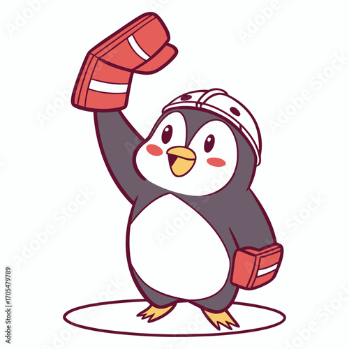 Happy Penguin Hockey Player in Helmet - Cute Cartoon Animal Illustration
