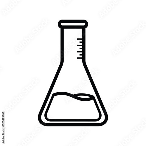 Simple Black and White Outline of a Laboratory Flask with Liquid and Markings Keywords: laboratory, flask, beaker, science, chemistry, experiment, liquid, fluid, measurement
