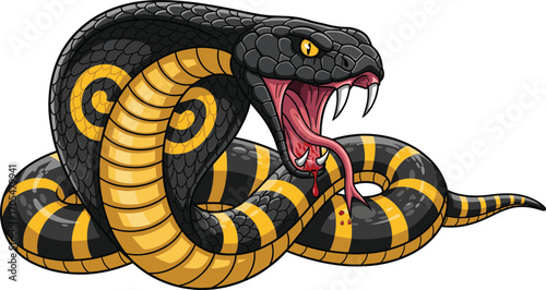 Aggressive Cobra Snake with Open Mouth, Spread Hood, Fangs and Forked Tongue for Wildlife, Danger, Reptile, Vector Content Themes