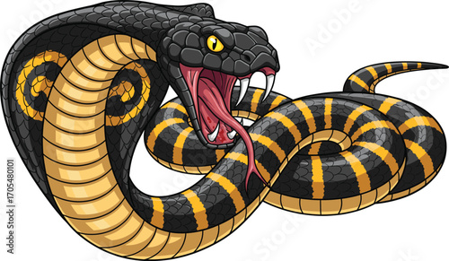 Aggressive Cartoon Cobra with Open Mouth, Hood Spread, Fangs and Forked Tongue for Snake, Wildlife, Danger, Vector Content Themes
