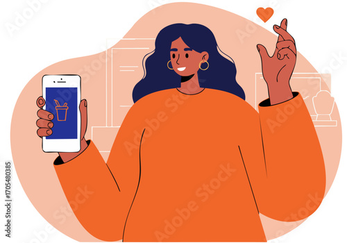 A smiling young woman holds a smartphone displaying a Smart Style Show Confiance logo, gesturing with crossed fingers. Modern, vibrant illustration style.