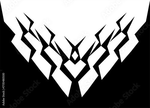 Transition from black to white. Symmetrical Pattern of sharp broken shapes. Vector design element. Sports vector background for packaging, advertising, covers