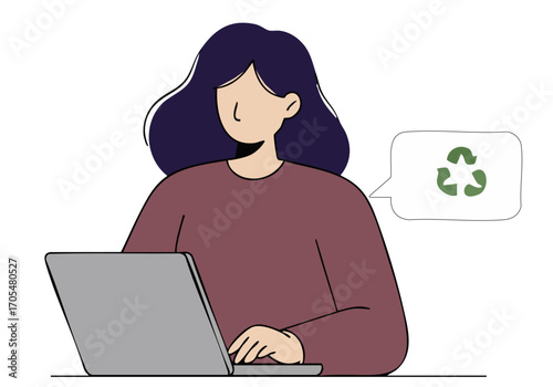 A woman optimizes eco-friendly practices while working on a laptop. A green recycle symbol highlights her commitment to sustainability. Modern, clean design.