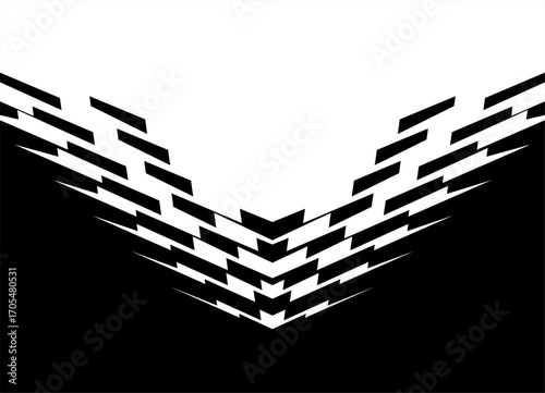 Transition from black to white. Symmetrical Pattern of sharp broken shapes. Vector design element. Sports vector background for packaging, advertising, covers. Arrow
