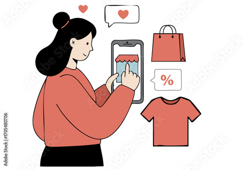 A woman uses a smartphone to shop, surrounded by shopping icons. Modern illustration depicting online retail and consumerism. Bright, appealing design.