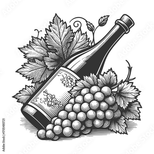 wine bottle surrounded by grape clusters and vine leaves, symbolizing winemaking, vineyards, and tradition sketch engraving generative ai vector illustration. Scratch board. Black and white image.