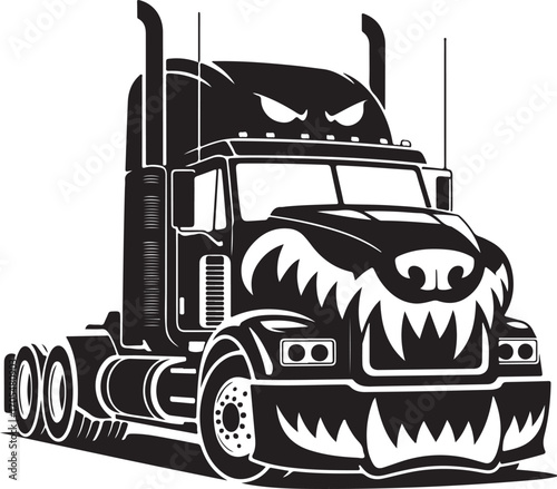 Black and white illustration of a fierce semi-truck with a monster face tractor trailer