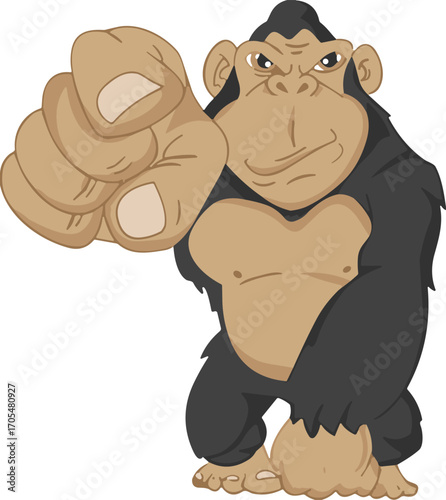 Assertive Cartoon Gorilla Pointing Forward with Intense Expression, Muscular Build and Commanding Pose for Animal, Motivation, Vector, Mascot Themes