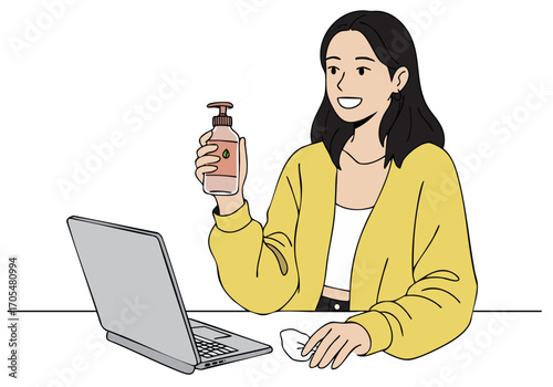 A smiling young woman uses hand sanitizer while working on a laptop. Soft, modern aesthetic. Ideal for health, wellness, and remote work concepts.