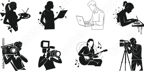 Creative profession icons, artistic activity silhouettes, painting, digital design, laptop work, sketching, photography, videography, music performance, filmmaking, creative media, art production