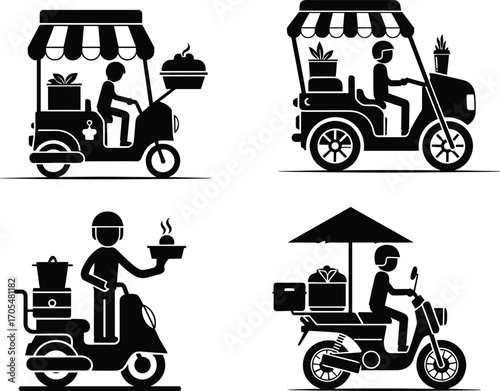 Delivery scooter icons, vending vehicle silhouettes, food delivery, gift transport, three‑wheeler, canopy scooter, courier service, street vending, logistics design, transportation vector