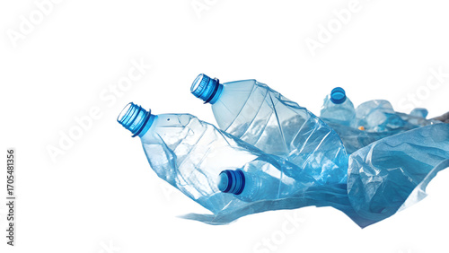 Crumpled blue plastic bottles isolated on transparent background. Crushed plastic water bottle waste for recycling and ecology concepts.