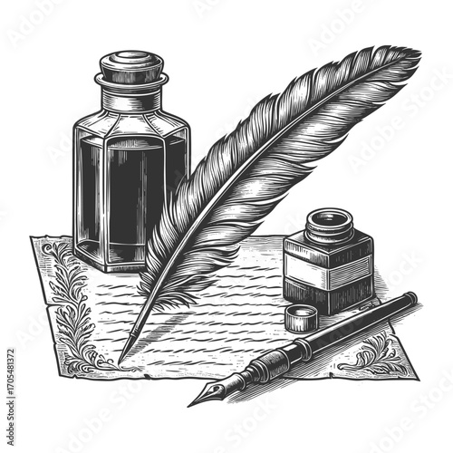 antique quill pen, ink bottle, and parchment scroll, symbolizing classic writing and literature sketch engraving generative ai vector illustration. Scratch board imitation. Black and white image.