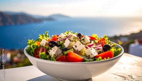 Fresh Greek salad on a table with a sea view