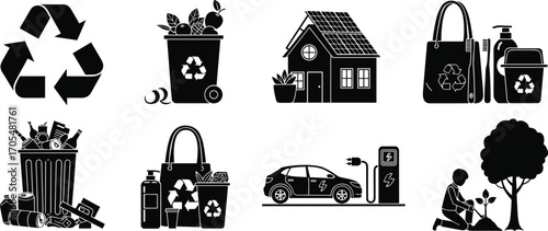 Eco‑friendly icons, recycling symbols, sustainable living graphics, renewable energy vector, composting design, electric car, tree planting, 