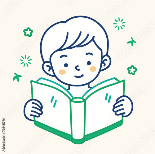 An adorable cartoon child smiles while reading a book, a perfect illustration for education and learning