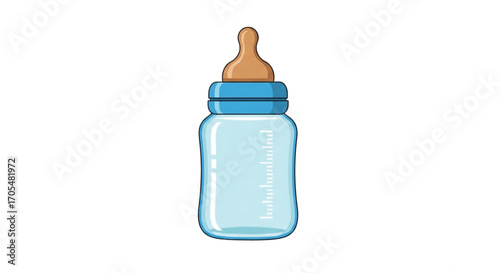 Baby bottle with blue cap and brown nipple.