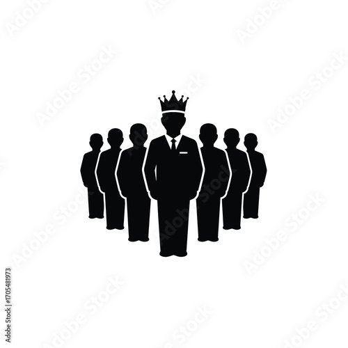A business leader with a team illustrates a crowned leader standing in front of a group, symbolizing leadership and success