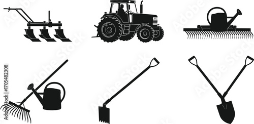 Farming and gardening icons, plow, tractor, watering can, rake, hoe, shovels, agriculture tools, cultivation equipment, rural work, garden design, soil preparation