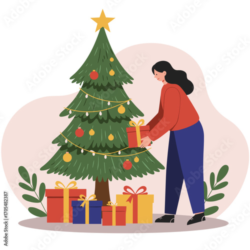 Woman decorating Christmas tree with gifts and ornaments at home  