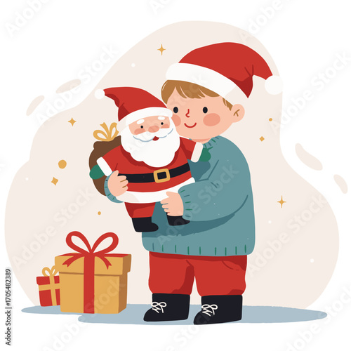 Young boy smiling while holding Santa doll with presents nearby  