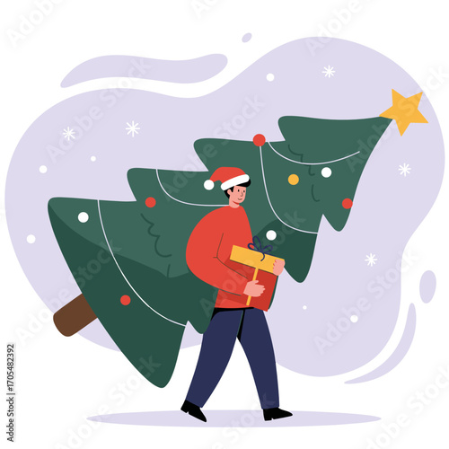Man carrying Christmas tree with gifts and wearing Santa hat  