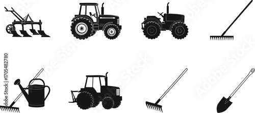 Farming tools icons, gardening equipment silhouettes, tractor vector, plow design, rake illustration, watering can, shovel graphic, agricultural machinery, rural work, cultivation tools