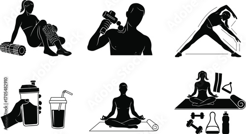 Fitness recovery icons, exercise silhouettes, foam roller, massage gun, stretching, protein shake, meditation pose, yoga mat, wellness concept, healthy lifestyle