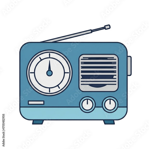 Retro blue radio with antenna and dial.
