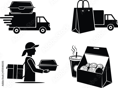 Food delivery icons, takeout vector, delivery truck, courier, shopping bags, donuts, hot drink, fast service, restaurant delivery, meal packaging, food concept