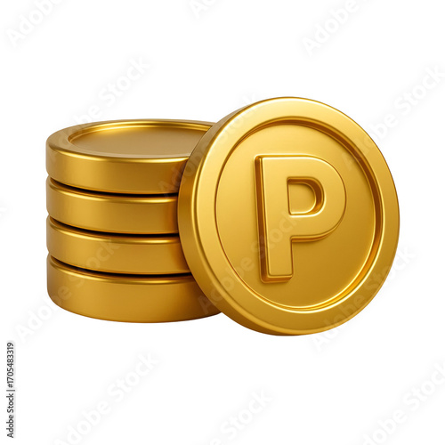 3D Golden Letter P Coin – Shiny Reward Token PNG for Digital Point Systems
