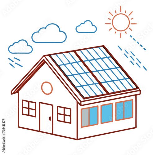 An icon of a residential property with a solar-paneled roof and the sun shining in the sky
