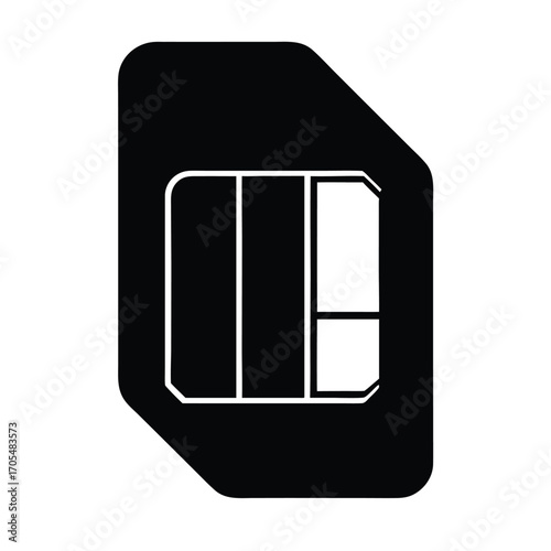Minimal vector silhouette of a SIM card chip in a slightly rotated angle, clean black shape.