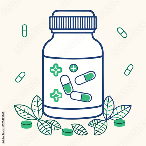 A medical bottle of pills and tablets is a common health prescription container