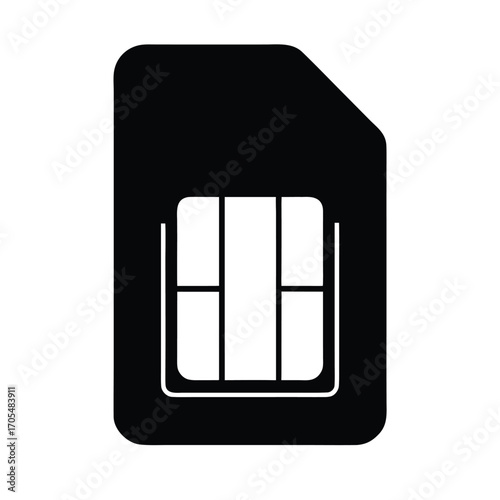 Minimal vector silhouette of a SIM card chip in a slightly rotated angle, clean black shape.