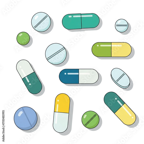 Collection of assorted pills and capsules in various colors and shapes.