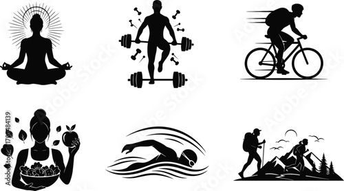 Healthy lifestyle icons, meditation pose, fitness training, cycling, healthy eating, swimming, hiking, wellness concept, outdoor activity, nutrition design, physical health
