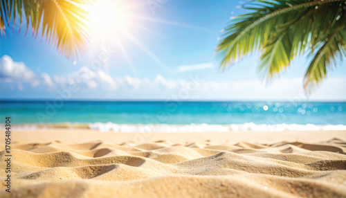 Abstract blurred background featuring a tropical beach scene with sunlight rays Golden sand clear water and palm leaves under a bright sky create a summer vacation vibe Copy space available