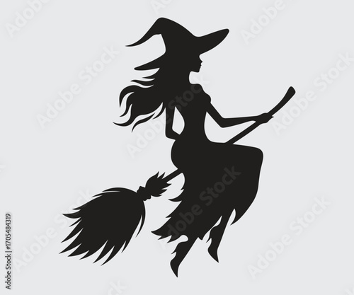 Halloween scary. female witch in broom. silhouette