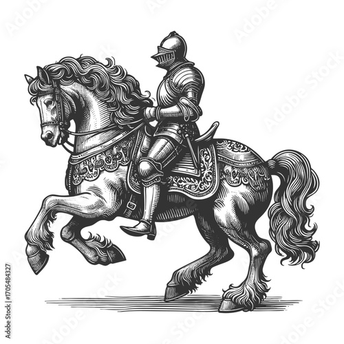 medieval knight in full armor on a decorated horse, symbolizing chivalry, honor, and history sketch engraving generative ai fictional character vector illustration. Scratch board. Black and white.