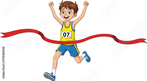 Cartoon boy crossing red finish ribbon in race, smiling winner with raised arms, athletic outfit, sports celebration, success moment vector