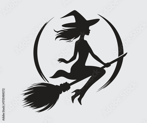Halloween scary. female witch in broom. silhouette
