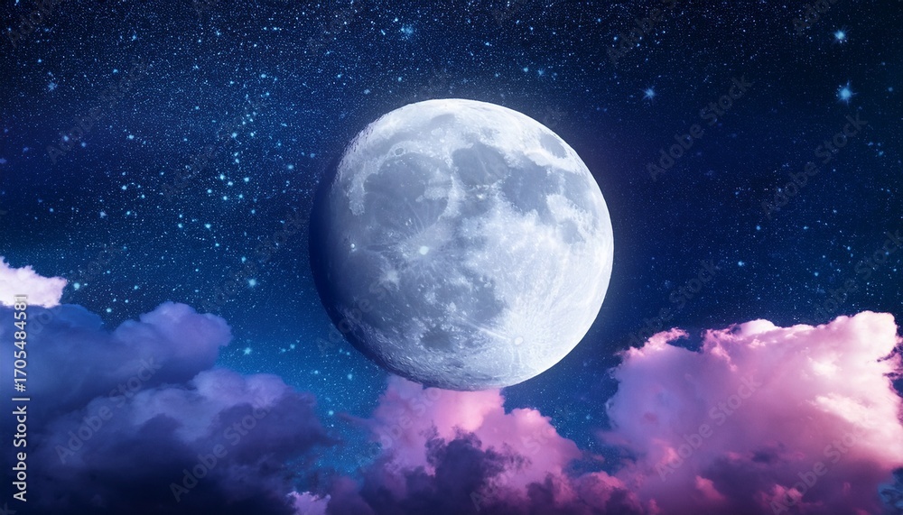 Obraz premium Full Moon Against A Black Sky Surrounded By Pink White And Blue Clouds And Twinkling Stars In An Eye Level Wide Shot
