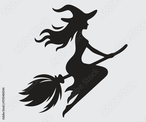 Halloween scary. female witch in broom. silhouette